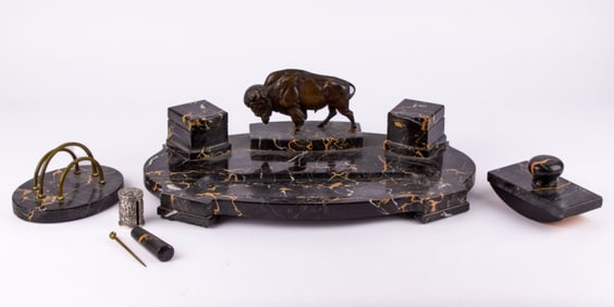 Vintage Art Deco Italian Portoro Marble Desk Set