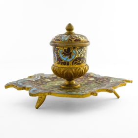 Antique French Gilt Bronze Champleve Inkwell