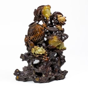 Vintage Chinese Carved Soapstone Insects & Flowers