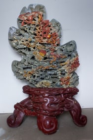 Monumental Chinese Carved Soapstone Dragons Statue