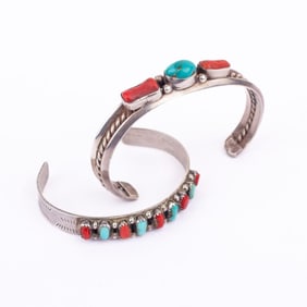 Two Navajo Silver Turquoise & Coral Bracelets