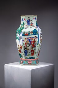 Chinese Hexagonal Celadon Palace Scene Vase 19"