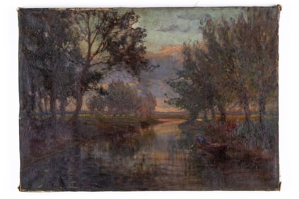 Antique "Boating at Dusk" Signed Oil on Canvas