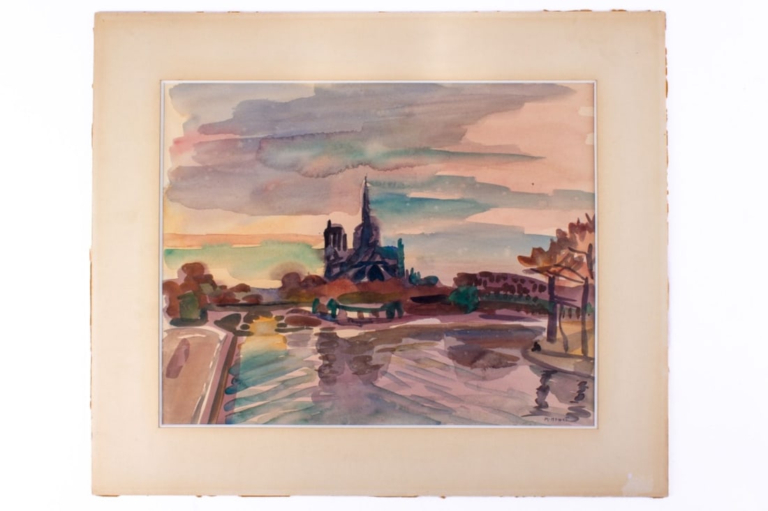 Marie Howet "Notre-Dame at Dusk" Watercolor: Marie Howet (1897-1984 Belgium) "Notre-Dame de Paris at Dusk" Watercolor on Paper. Signed in pen at lower right. Undated. Taped to mat. In good condition, some tape residue on reverse. Painting measur