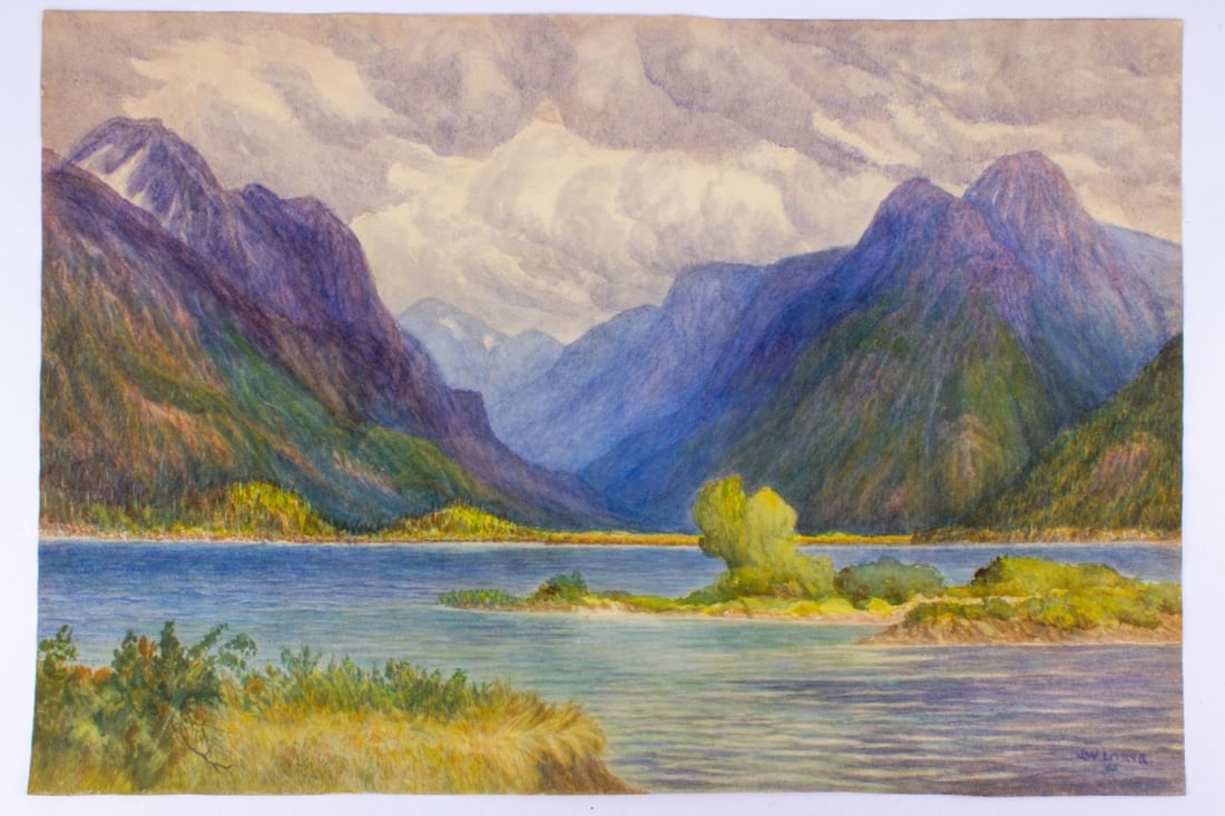 John Wood Laing "Fraser Valley" Watercolor: John Wood Laing (1871-1949 Canada) "Fraser Valley" Watercolor on Paper. Tranquil scene of a lake with island, surrounded by large mountains above; likely a depiction of the Fraser Valley near Vancouve