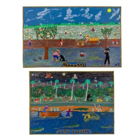 Pair Jack Beverland Folk Art Mixed Media on Board
