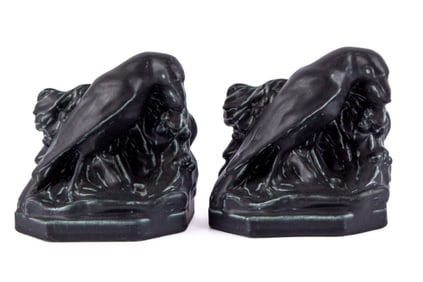 Pair Rookwood Pottery Matte Blue Raven Bookends