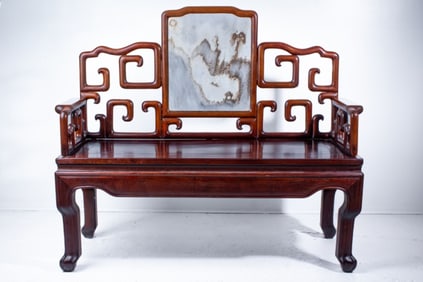 Chinese Qing Dynasty Dreamstone & Hardwood Bench