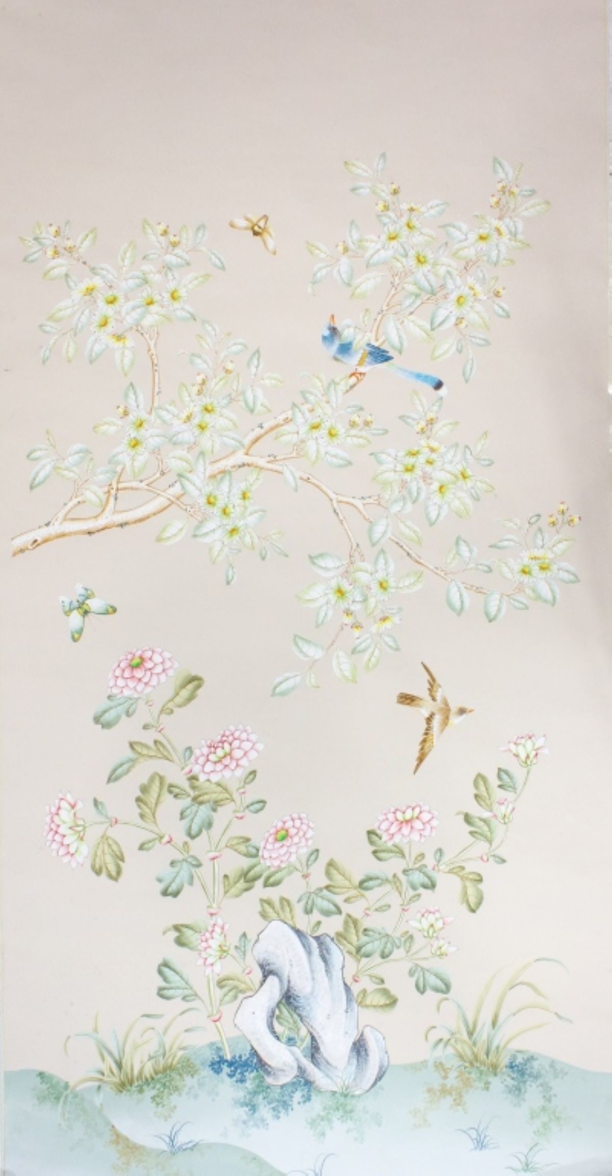 Vintage Hong Kong Painted Chinoiserie Wallpaper: Vintage Hong Kong Chinoiserie style wallpaper. With handpainted birds among flowering trees. Painted in colors on paper. In good condition. Measures 100.5” H x 38.25” L unrolled approx.