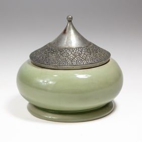 Thai Celadon Porcelain Round Pewter-Lidded Box