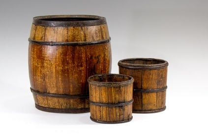 Three Antique Chinese Wood & Iron Buckets