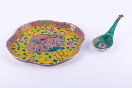Chinese Peranakan Strait Porcelain Tray & Spoon
