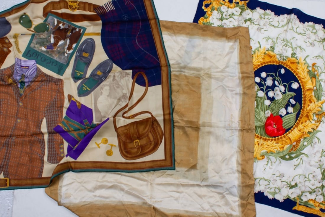 Dior / Givenchy / Lauren Silk Scarves: (1) Christin Dior flower design. Small spot bottom edge. 34" x 33" approx. (2) Givenchy Moet & Chando design. Very good condition. 34.5" x 33.5" approx. (3) Ralph Lauren "Polo Style" men's wear design
