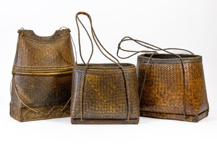 Three Lombok Indonesian Woven Rattan Baskets
