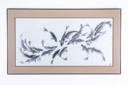 Lucy Liu "Encircling Carp" Ink on Paper Painting