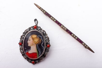 Two Marked Silver Brooches w/ Semiprecious Stones