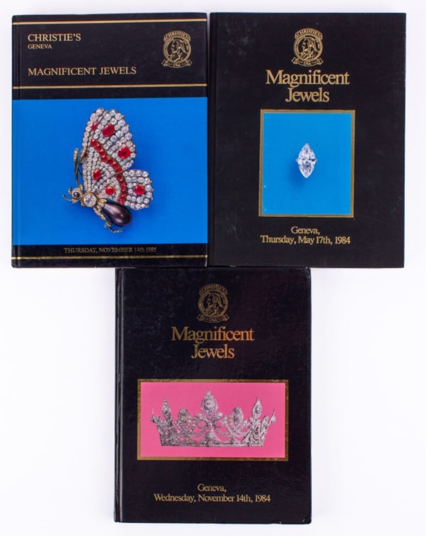Christie's Magnificent Jewels Catalogs / Geneva: Group of 3 hardcover "Magnificent Jewels" catalogs. May 17th 1984, November 14th 1984, and November 14th 1985. All good condition. 9.75" x 7.5".