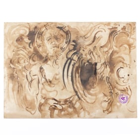 Kusama Affandi "Self Portrait with Rooster" Ink on Paper Painting