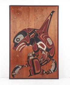 William Bailey "Sea Wolf and Salmon" Carved Cedar Panel, 2013