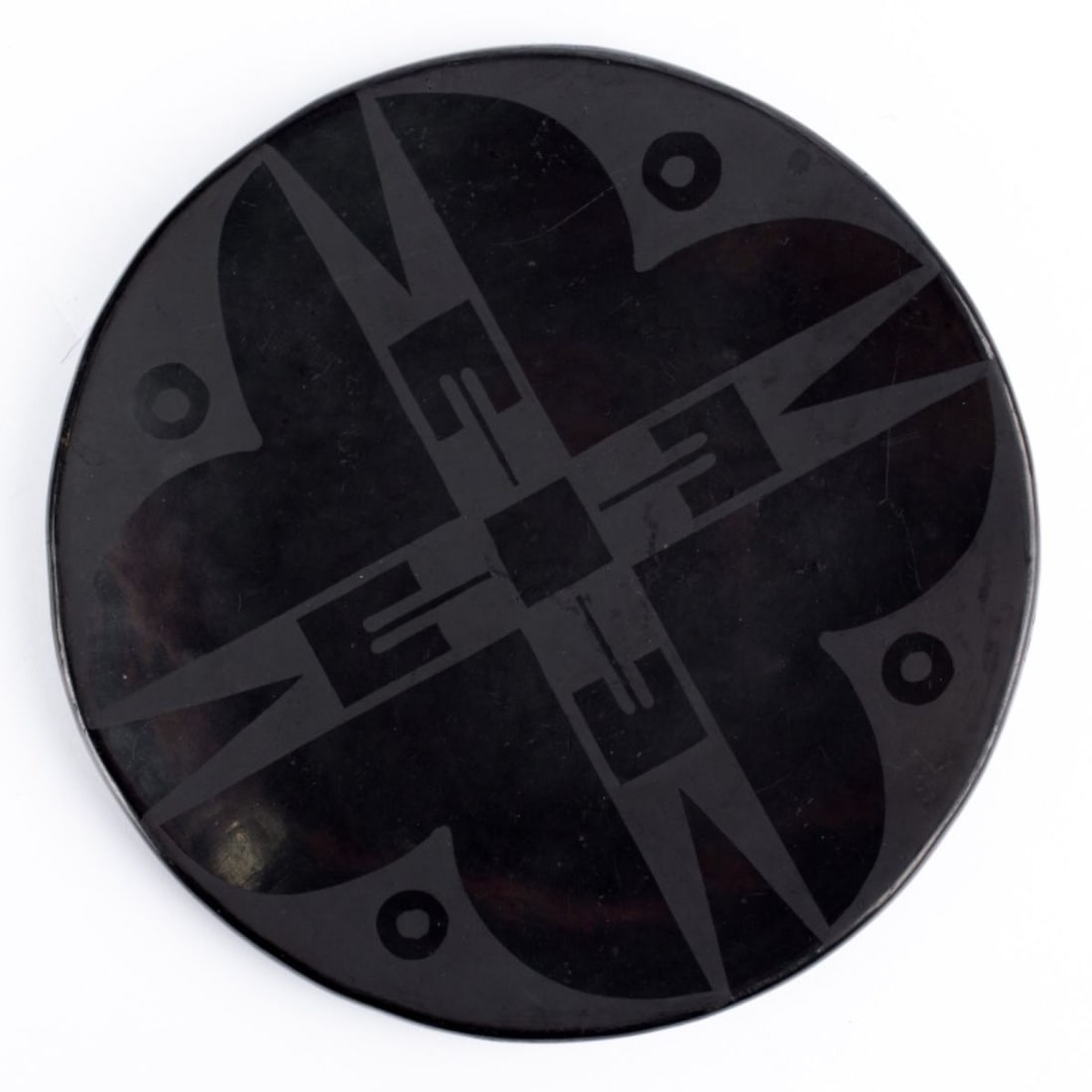 Maria Martinez Blackware Geometric Plate: Maria Martinez (1887-1980 San Ildefonso Pueblo) Blackware Geometric Plate. Signed "Marie" on base. Measures 7.25" in diameter. Some light scratches to top, small chip to underside of edge (not visible