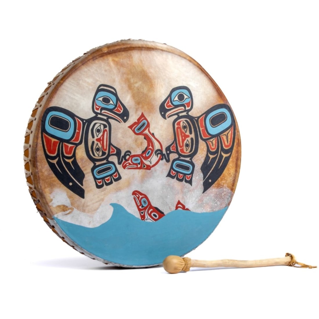Everett Goenett "Raven and Eagle Feast" Painted Drum: Everett Goenett "Raven and Eagle Salmon Feast" polychromed stretched rawhide drum, by Everett Goenett (Tlingit / Haida b. 1954). Bent and laminated cedar wood base with stretched leather face tied to