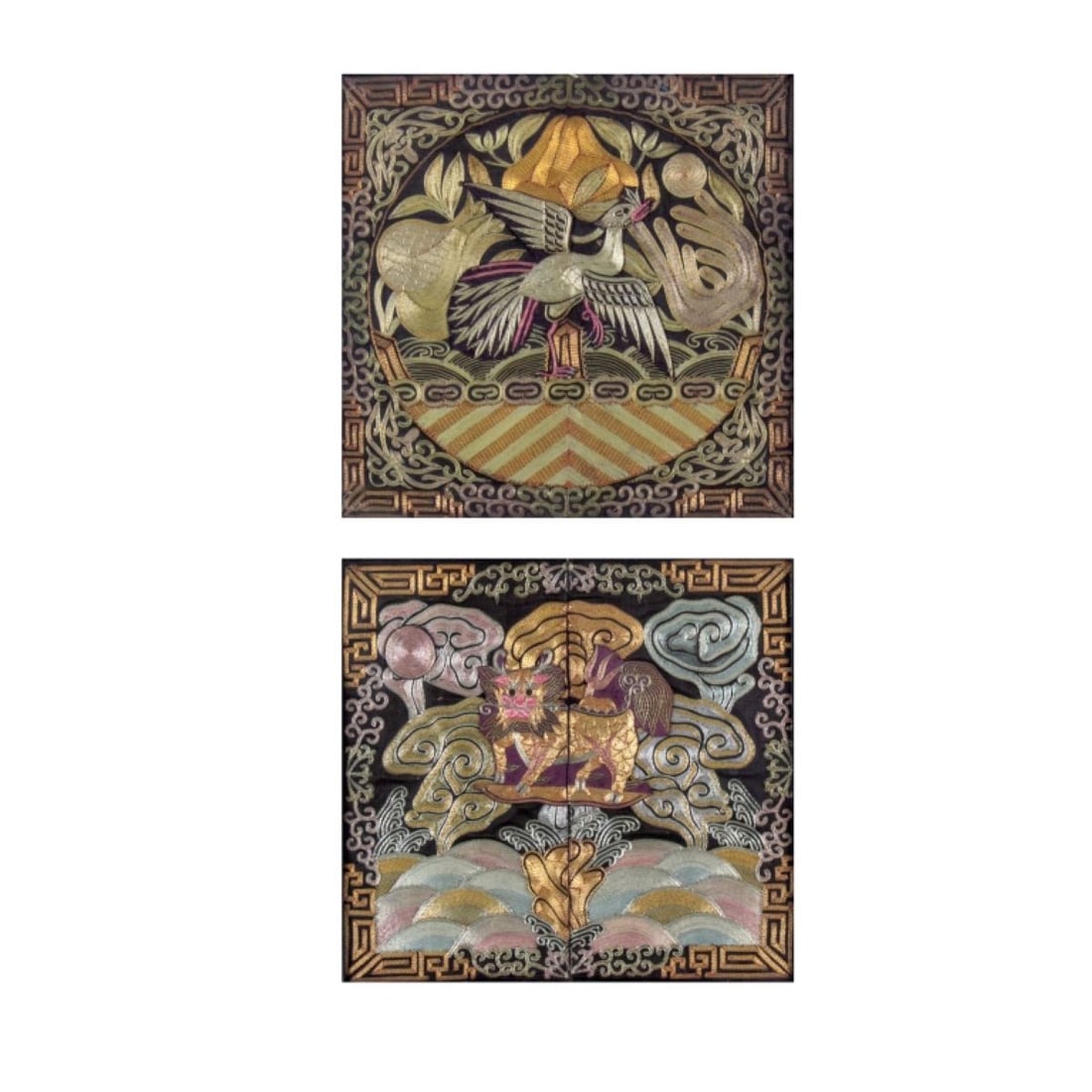 Pair Chinese Rank Badges in Carved Hardwood Frames: Pair of Chinese embroidered silk rank badges, framed in carved dark hardwood. One rank badge depicts pheasant among pomegranates and Buddha's hand fruit, embroidered in metallic laid-on threads. The o