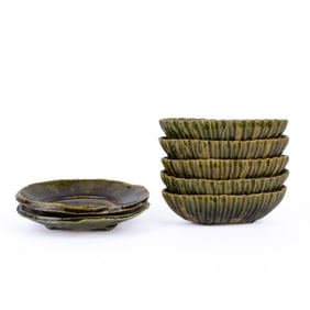 Set of Seven Japanese Oribe Ceramic Dishes