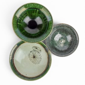 3 Japanese Studio Pottery Green-Glazed Bowls