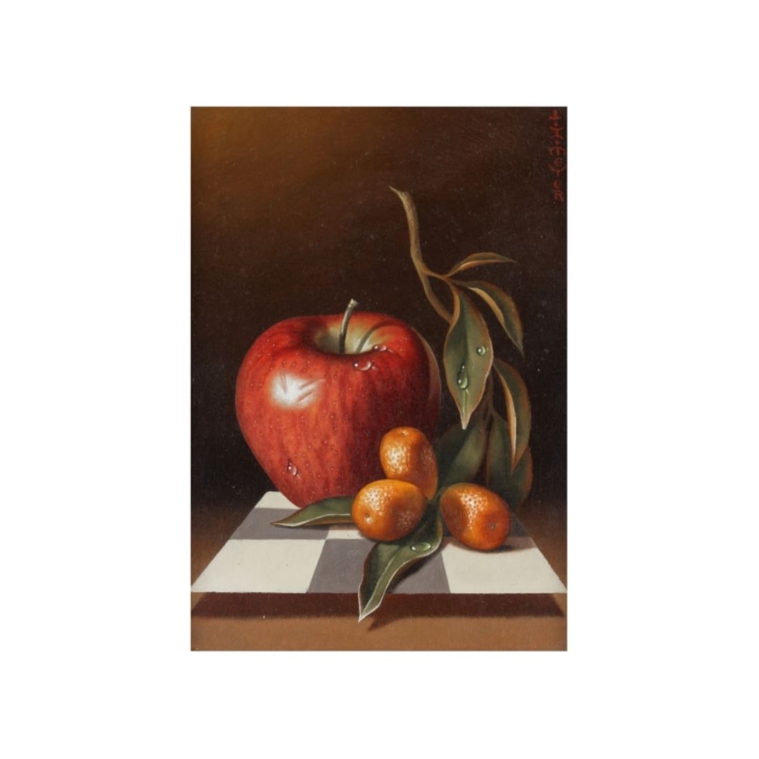 Ilene Meyer (WA) Surreal Still Life Oil Painting: Ilene Meyer (1939-2009, WA). Surreal oil on panel still life of an apple and kumquats on floating checkerboard. Signed upper right. #8-80 in black pen to the reverse along with "LaConner Gallery" card