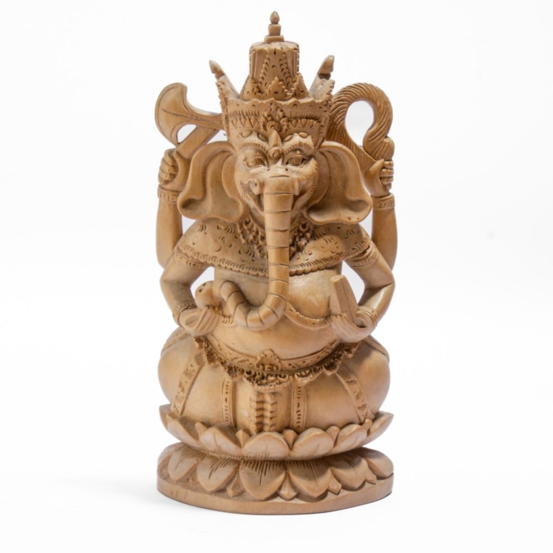 Indonesian / Balinese Carved Wood Ganesha Figure: Indonesian / Balinese Carved Wood Ganesha Figure. Carved from Balinese "crocodile wood", with fine details acheived through gouged and raised patterns. Written number at base. In good condition; left 