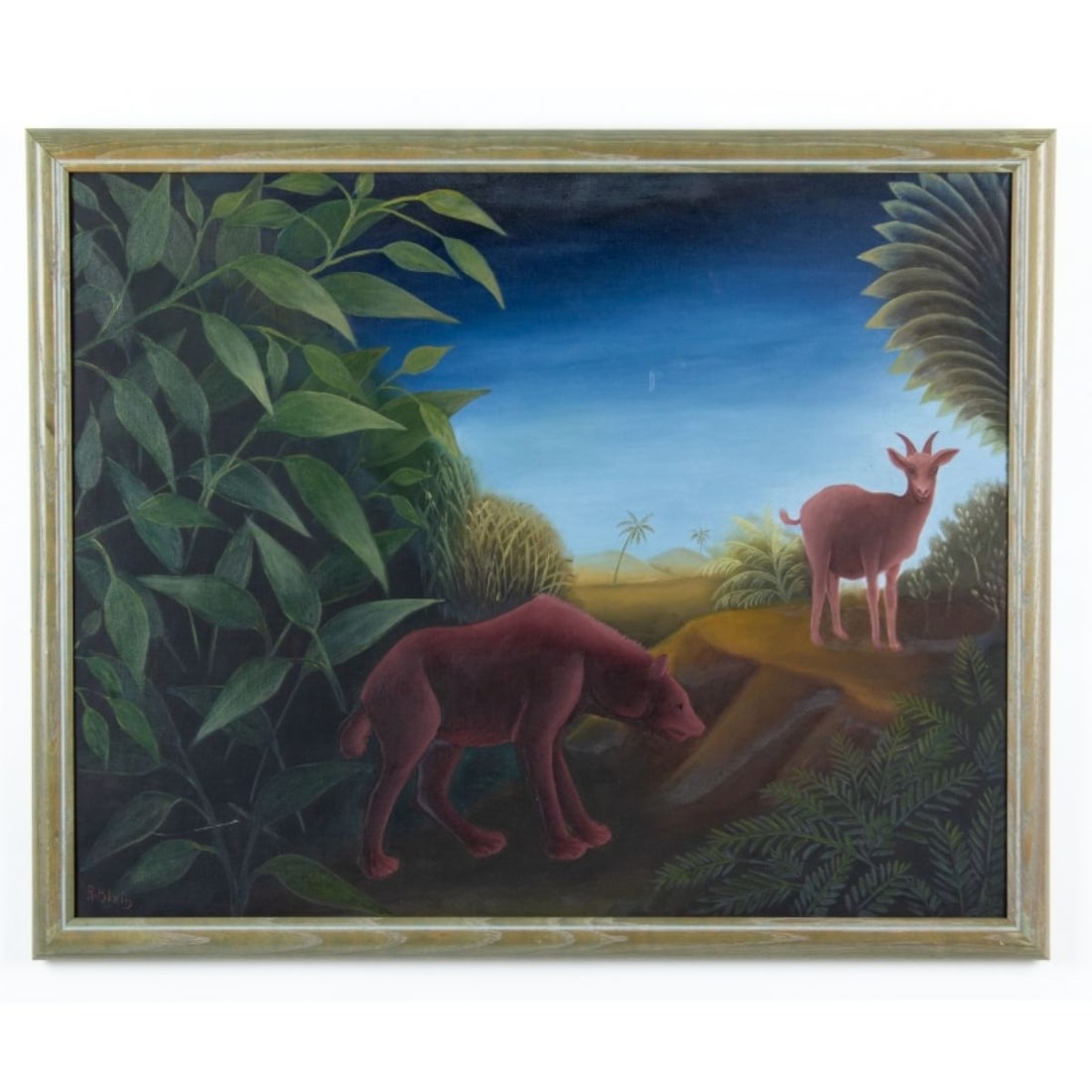 Roland Blain (Haiti) O/C Hyena Goat Oil Painting: Roland Blain Oil Painting (Haiti) 1934-2005 O/C with a hyena and Goat in a tropical forest. circa 1970's. Self taught outsider artist with a distinctive surreal style. Also a musician born in Port au 