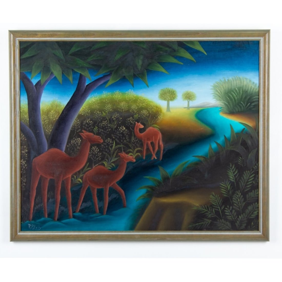 Roland Blain (Haiti) O/C Camels Outsider Painting: Roland Blain Oil Painting (Haiti) 1934-2005 O/C with 3 camels in a stream. circa 1970's. Self taught outsider artist with a distinctive surreal style. Also a musician ,born in Port au Prince .Framed i