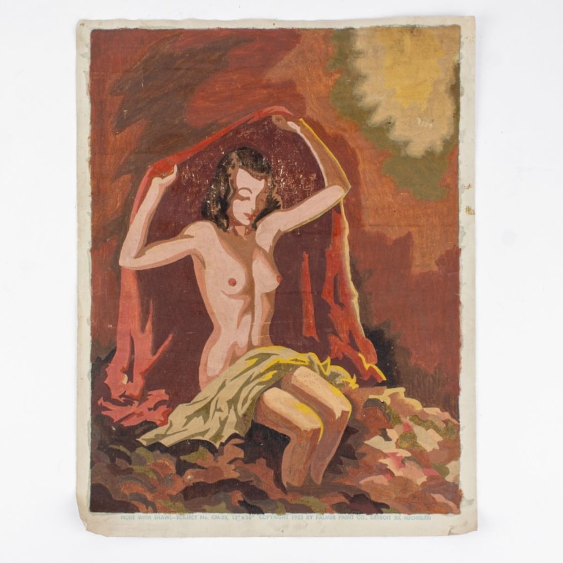 MCM Paint By Numbers Nude with Shawl Palmer 1952: Vintage mid-century modern paint by numbers painting entitled "Nude with Shawl-Subject No. CM-23. Copywright 1952 by Palmer Paint Co. Detroit 20 Michigan. Good condition with age wear, small areas of 