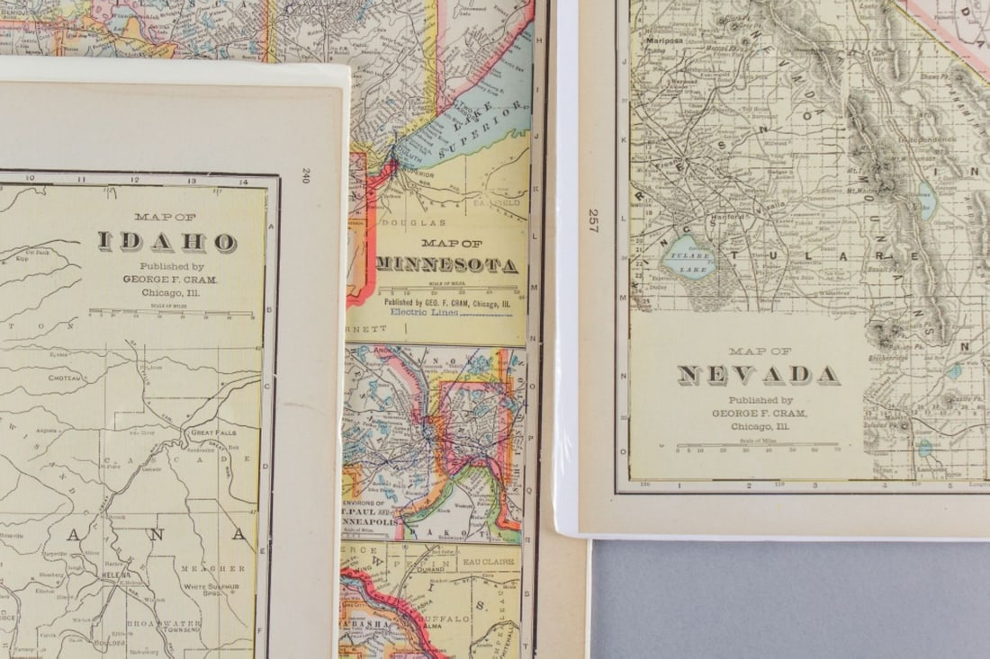 3 Crams Atlas US States Nevada, Idaho, Minnesota: 3 Crams Atlas US States: Nevada 1915, Idaho 1890, Minnesota 1890. Colored lithograph prints. On board, not attached and shrink wrapped. Light Toning . Id and MN 22.5" X 15.25", Nv 21.5" X 15.5" approx