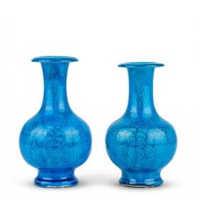 Pair Chinese Porcelain Turquoise Blue Vases