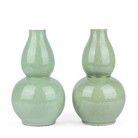Pair Chinese Incised Celadon Porcelain Vases