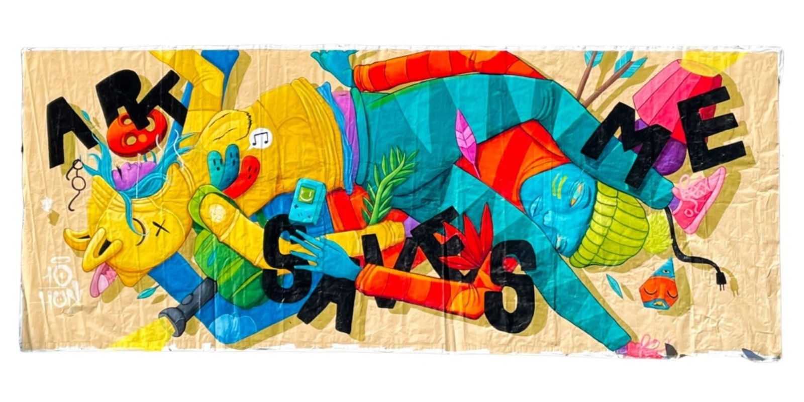 Peter Robinson aka Ten Hundred "Art Saves Me": Peter Robinson (aka Ten Hundred) "Art Saves Me" LARGE Bumbershoot Banner Latex on Canvas, 2018. Signed Ten Hun and dated lower left. Canvas measures 98 x 128" (approx 8x20 feet). Moderate wear from ex
