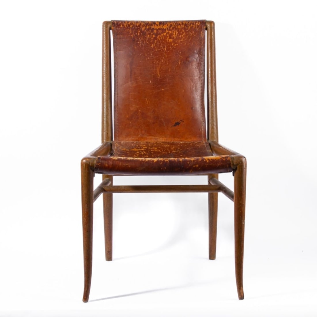 T. H. Robsjohn-Gibbings for Widdicomb Side Chair: T. H. Robsjohn-Gibbings (1903 - 1976 England) for Widdicomb Side Chair. Crafted from beech wood. Remnants of original gray-green finish at reverse. Worn leather upholstery; appears to have been retack