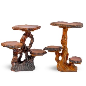 Pair Mid-Century Japanese Carved Wood Plant Stands