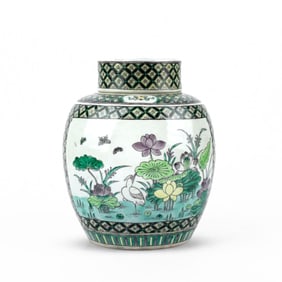 Antique Chinese Kangxi Style Famille Verte Porcelain Lidded Jar