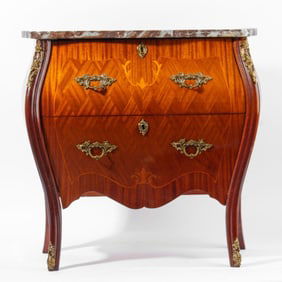 Louis XV Style Inlaid Marble Top Bombe Chest