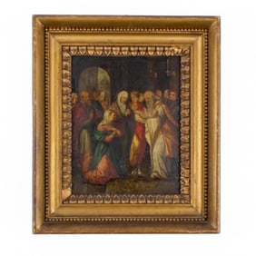 Antique Presentation in the Temple Oil on Copper Painting