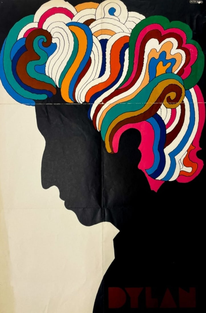 Milton Glaser "Bob Dylan" Poster, 1967: Milton Glaser "Bob Dylan" Offset Lithograph Poster, 1967. Milton Glaser logo at top right corner. Original crease lines from folding when poster was included in the packaging with the Greatest Hits Al