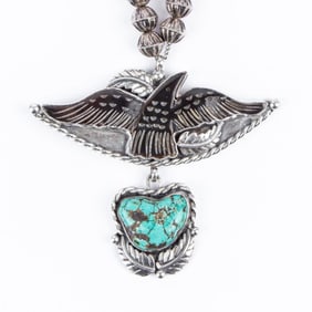 Signed Navajo Silver Bead & Pendant Necklace
