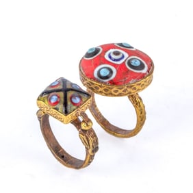 2 Phoenician Rings Evil Eye Gilded Bronze Antique