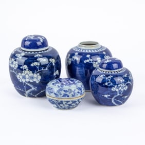 3 Chinese Porcelain Prunus Jars & Lidded Box