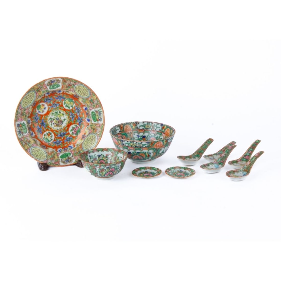 Group 10 Chinese Rose Medallion Porcelain Dishes: Group of 10 Chinese Rose Medallion Porcelain Dishes. Group includes (5) soup spoons, (2) small trivets, and (3) bowls of various sizes. All dishes circa 1920. Largest bowl decorated with unusual red-g