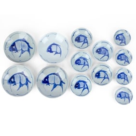 Group of 13 Chinese B&W Porcelain Carp Dishes