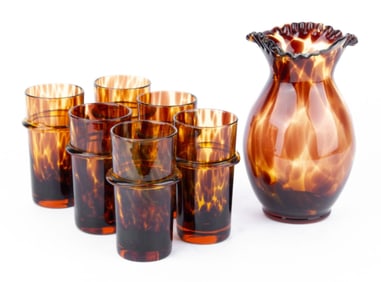 Vintage Tortoise Shell Glass Tumblers & Vase