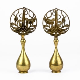 Pair Antique Japanese Polished Bronze Garlic Mouth Vases